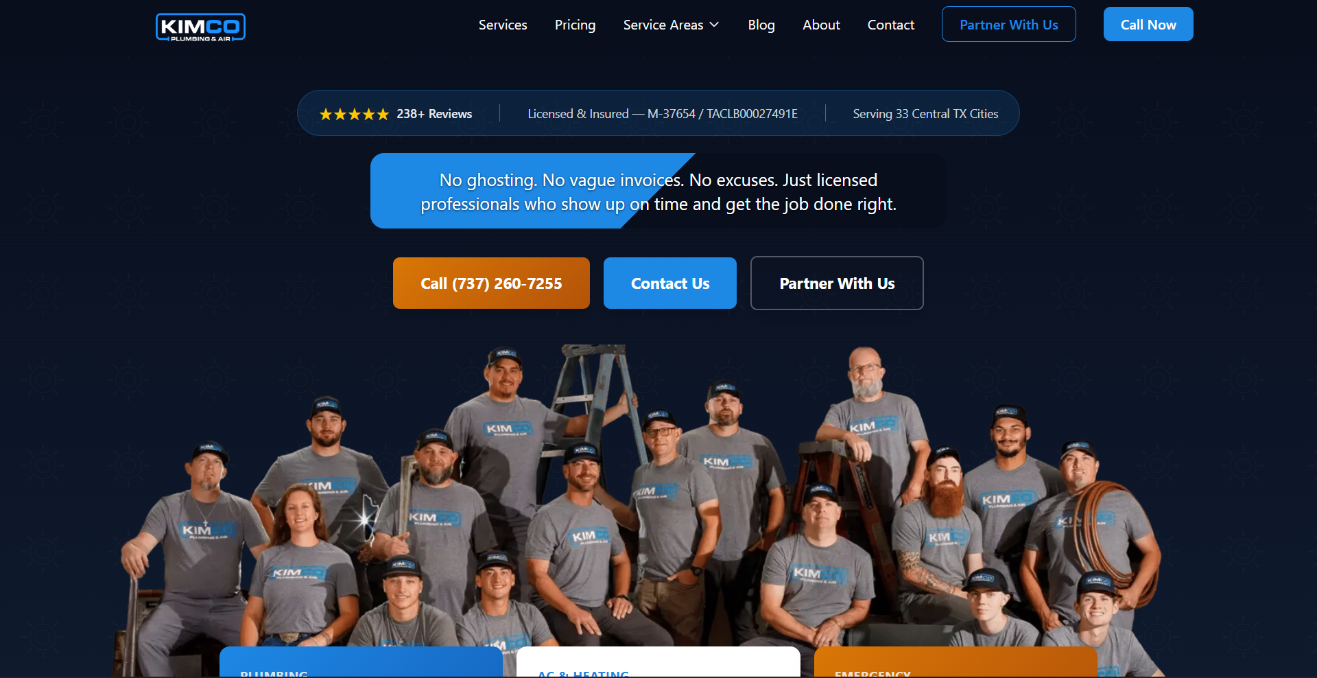 Kimco Plumbing & Air custom website homepage